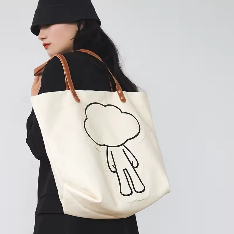 Canvas Tote with Cartoon Patch and Magnetic Closure product reference image