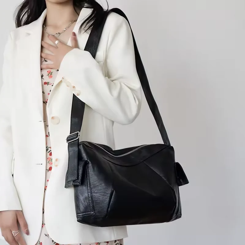 PU Shoulder Satchel with Wide Adjustable Strap and Side Pockets product reference image