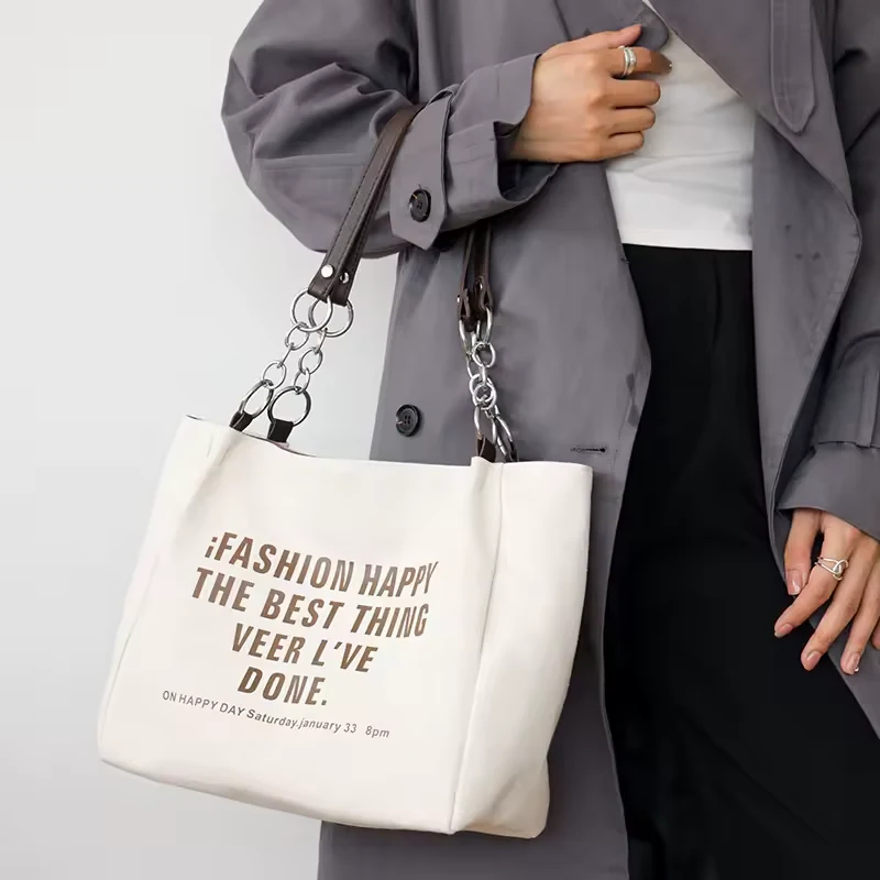 Canvas Quote Tote with Metal Chain and PU Handles product reference image