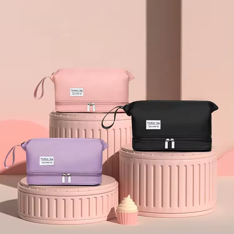 Double-Layer Polyester Travel Cosmetic Bag with Top Handle product reference image