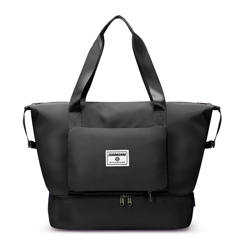 Foldable Nylon Gym Tote with Dry-Wet and Shoe Pockets Black color SKU reference