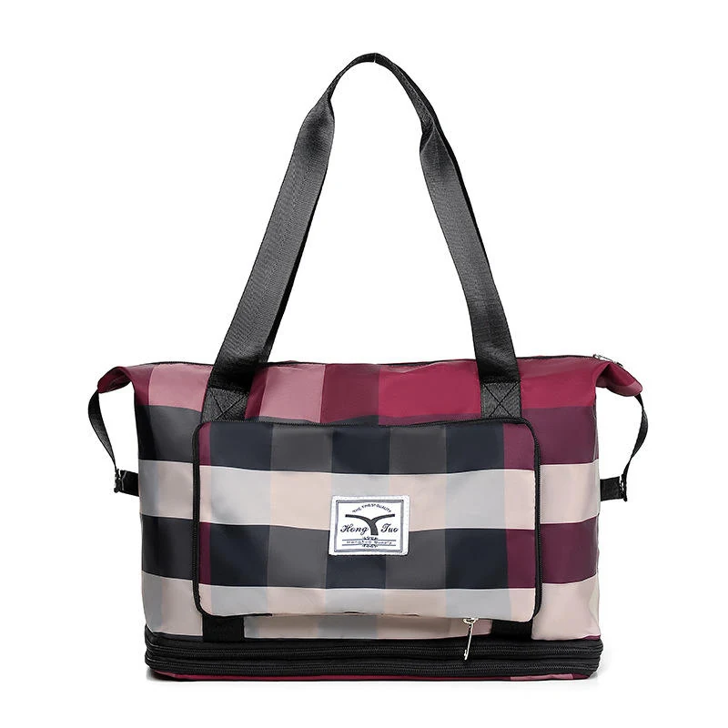 Plaid Expandable Foldable Nylon Travel Duffel Red color SKU reference