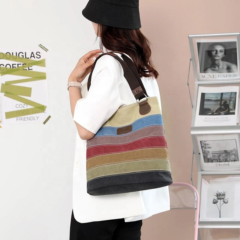 Rainbow-Stripe Canvas Tote with PU Handles product reference image