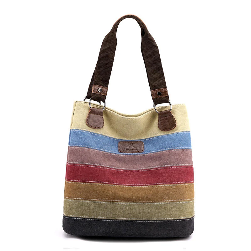 Rainbow-Stripe Canvas Tote with PU Handles Style 1 handle style reference