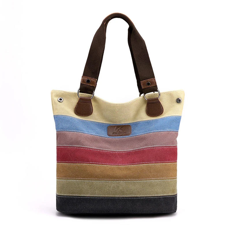 Rainbow-Stripe Canvas Tote with PU Handles Style 2 handle style reference