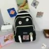Color-Block School Backpack with Mesh Pocket and Duck Charm Black color SKU reference
