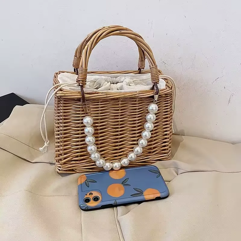 Woven Bamboo Bucket Tote with Pearl-Style Handle product reference image