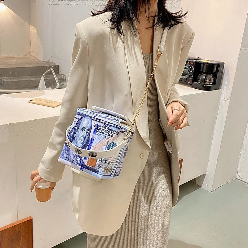 Currency-Print Box-Style Crossbody Bag with Removable Chain product reference image