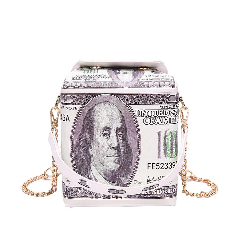 Currency-Print Box-Style Crossbody Bag with Removable Chain Beige color SKU reference