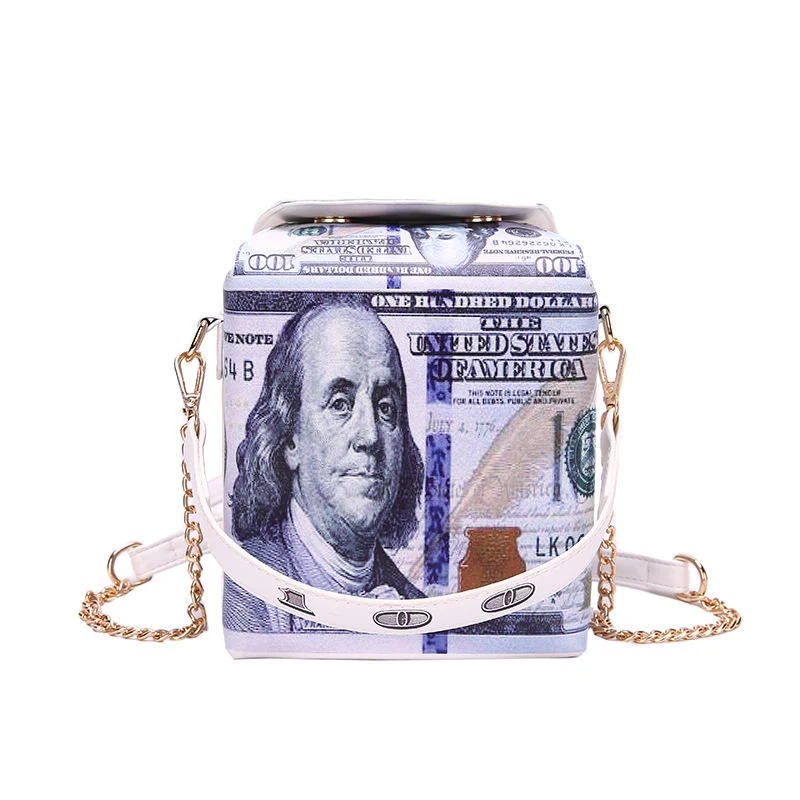 Currency-Print Box-Style Crossbody Bag with Removable Chain Blue color SKU reference