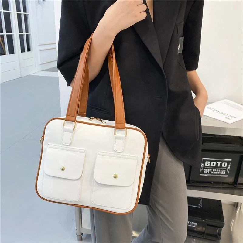 PU Color-Block Shoulder Tote with Front Pockets product reference image