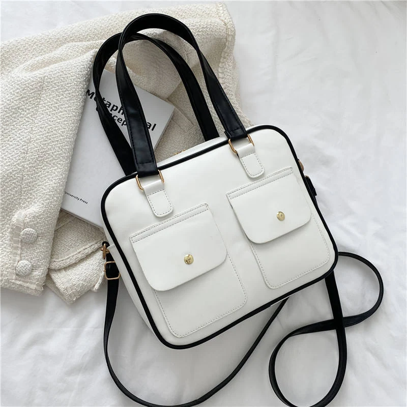 PU Color-Block Shoulder Tote with Front Pockets White color SKU reference