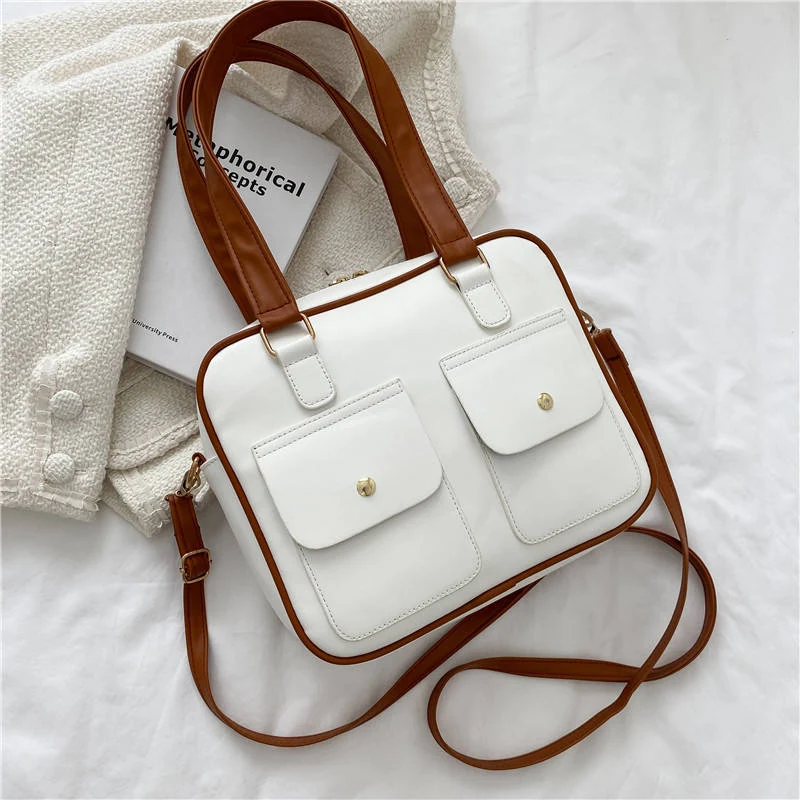 PU Color-Block Shoulder Tote with Front Pockets Brown color SKU reference