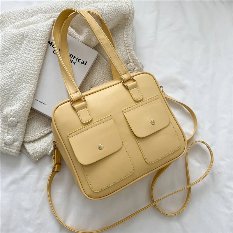 PU Color-Block Shoulder Tote with Front Pockets Yellow color SKU reference