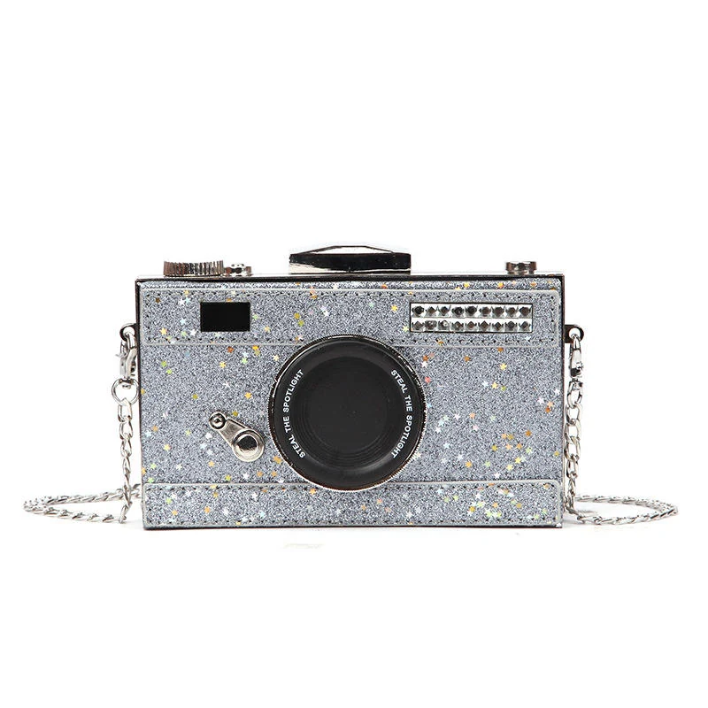 Sequined Camera-Style Metal-Frame Mini Evening Bag Silver color SKU reference