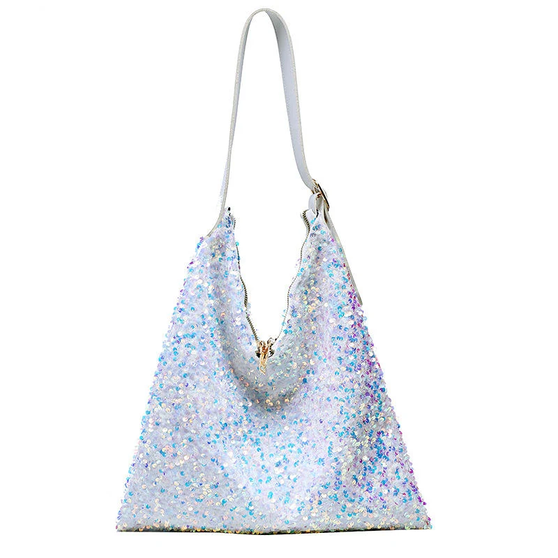 Large Sequined PU Shoulder Tote with V-Mouth Opening White color SKU reference