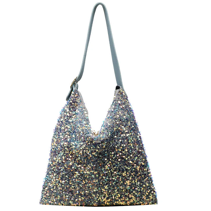 Large Sequined PU Shoulder Tote with V-Mouth Opening Blue color SKU reference