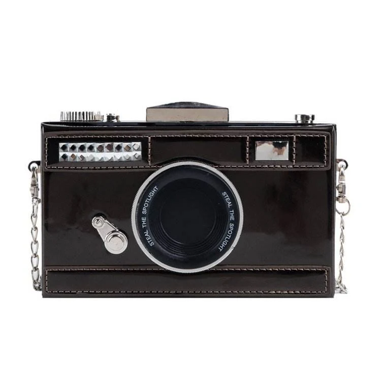 Camera-Inspired Metal-Frame Evening Crossbody Bag Brown color SKU reference