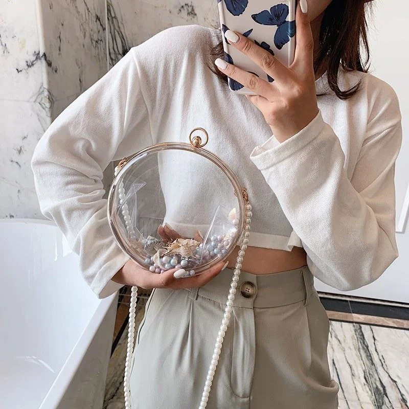 Clear Acrylic Spherical Mini Clutch with Pearl Strap product reference image