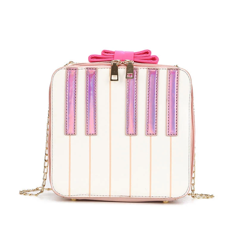 Piano-Shaped PU Crossbody Bag with Double-Bow Detail Pink color SKU reference