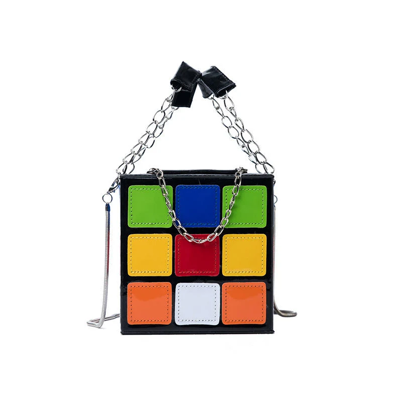 Color-Grid Cube-Shaped Mini Shoulder Bag Black color SKU reference