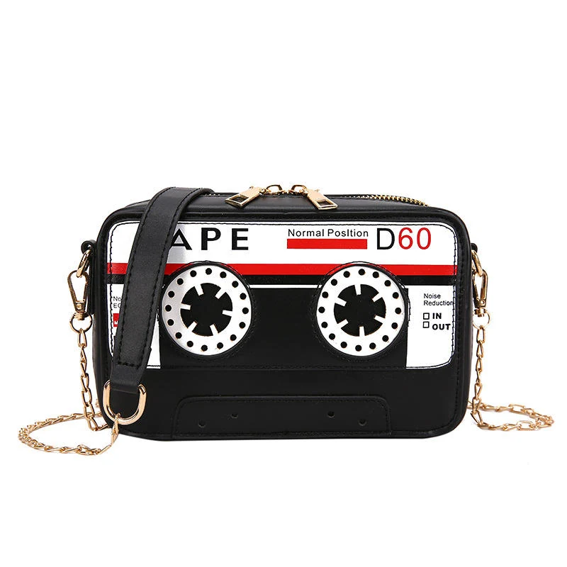 Retro Cassette-Player-Shaped PU Mini Crossbody Bag Black color SKU reference
