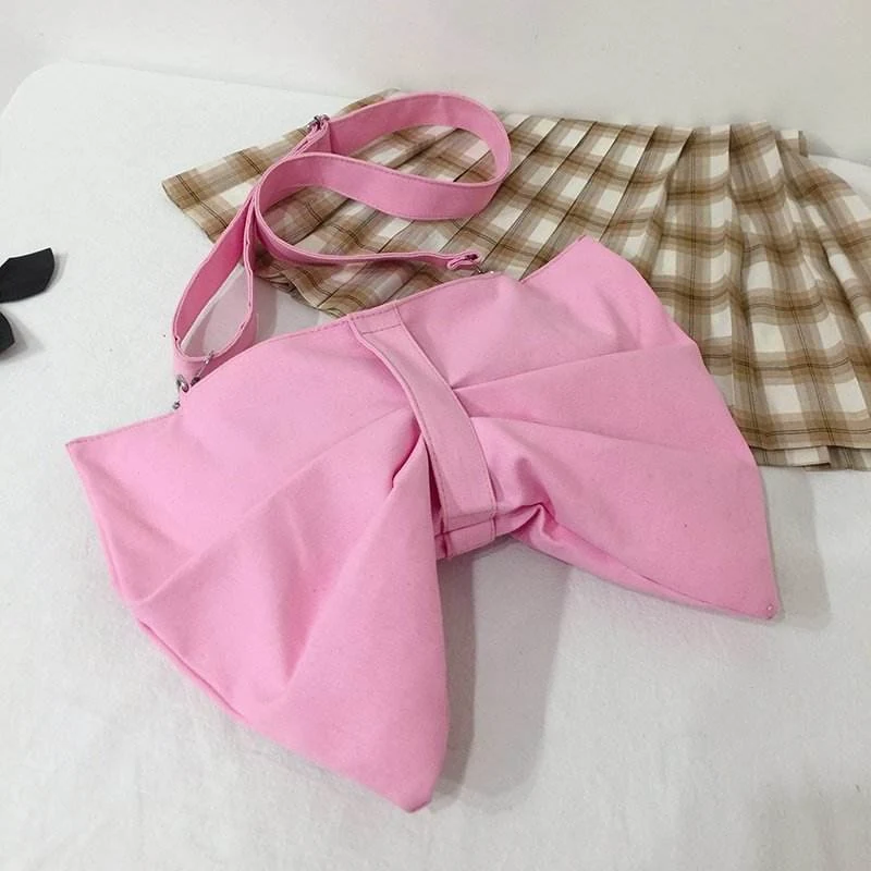 Bow-Detail Canvas Shoulder Bag with Pattern Options Pink color SKU reference