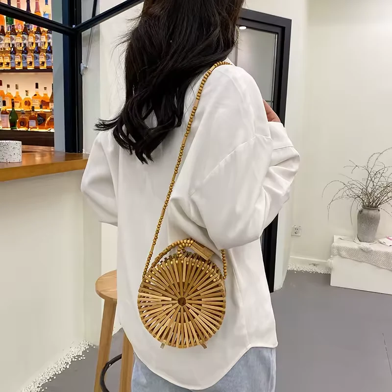 Round Woven Bamboo Shoulder Bag with Magnetic Lock product reference image