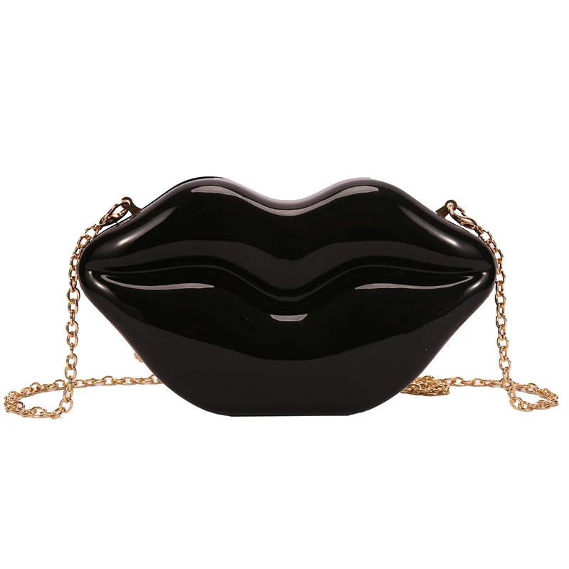 Glossy Lips-Shaped PU Mini Evening Bag with Chain Black color SKU reference