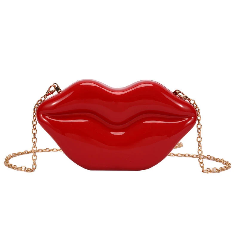 Glossy Lips-Shaped PU Mini Evening Bag with Chain Red color SKU reference