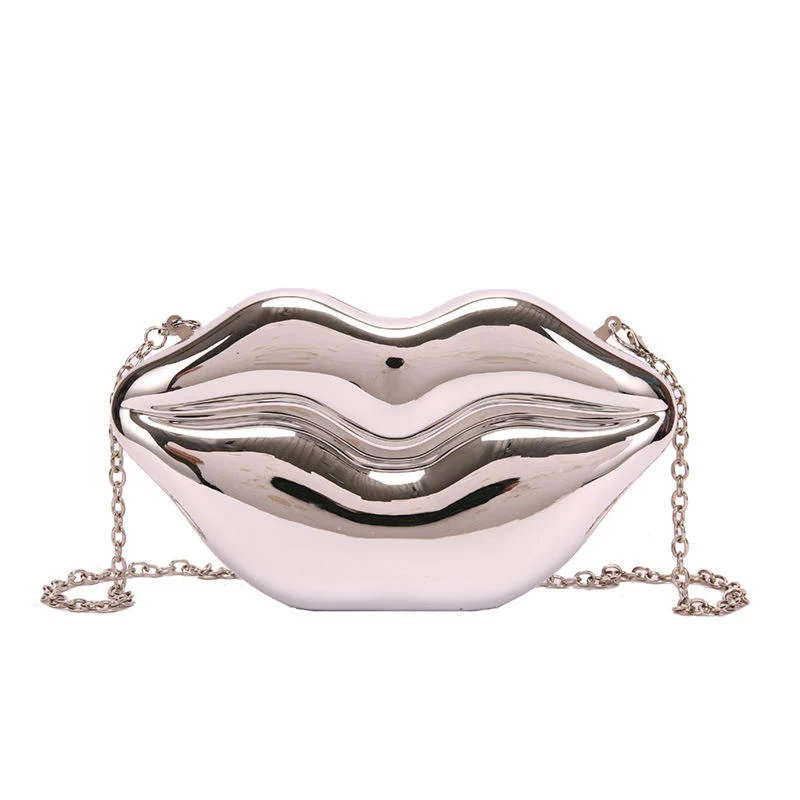 Glossy Lips-Shaped PU Mini Evening Bag with Chain Silver color SKU reference