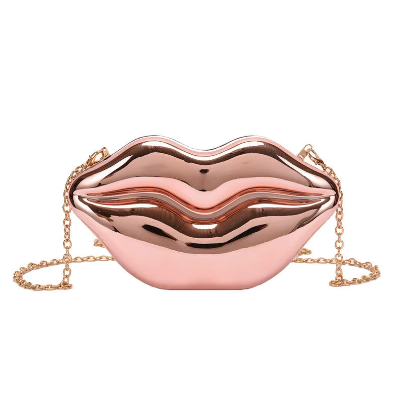 Glossy Lips-Shaped PU Mini Evening Bag with Chain Pink color SKU reference