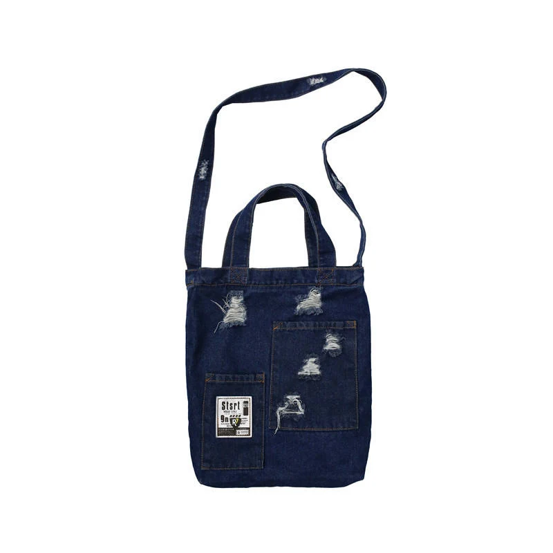 Distressed Denim-Style Shoulder Tote with Two Side Pockets Dark blue color SKU reference