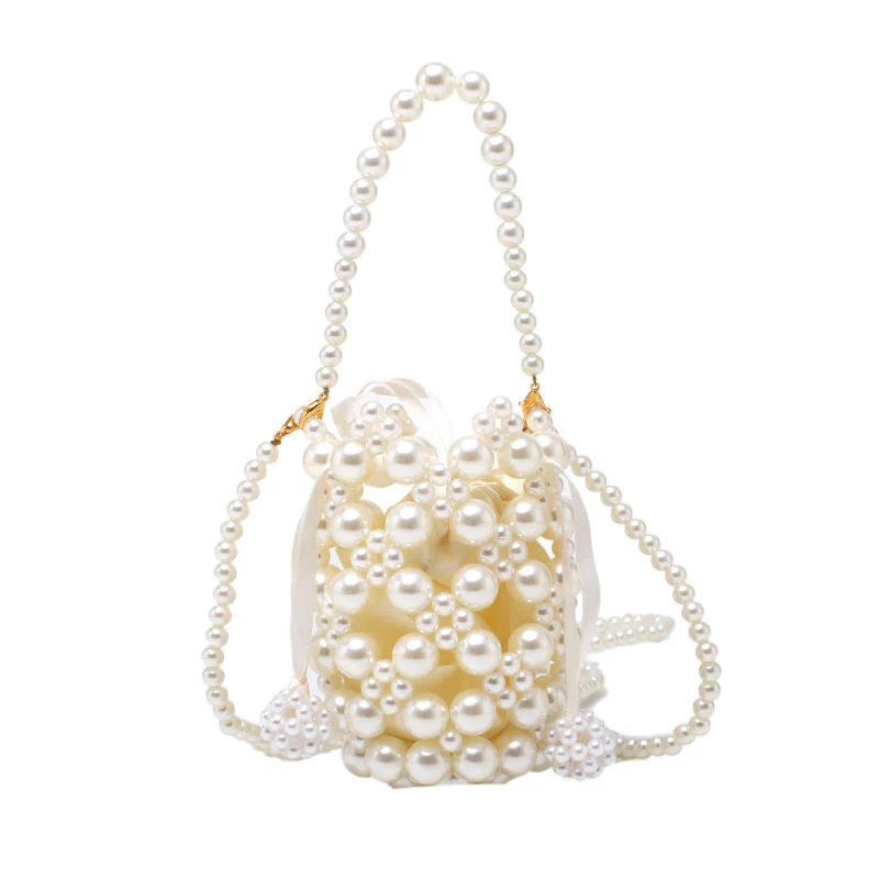 Pearl-Woven PVC Mini Bucket Clutch with Detachable Chain White color SKU reference