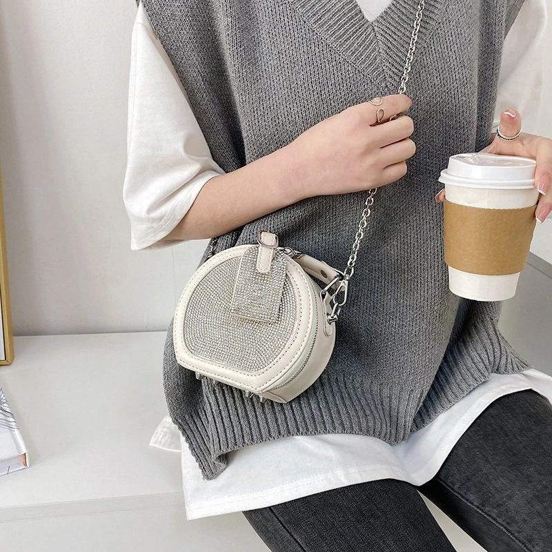 Round Studded PU Mini Shoulder Bag with Detachable Chain product reference image