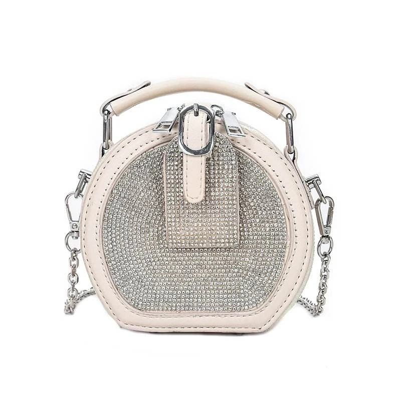 Round Studded PU Mini Shoulder Bag with Detachable Chain White color SKU reference