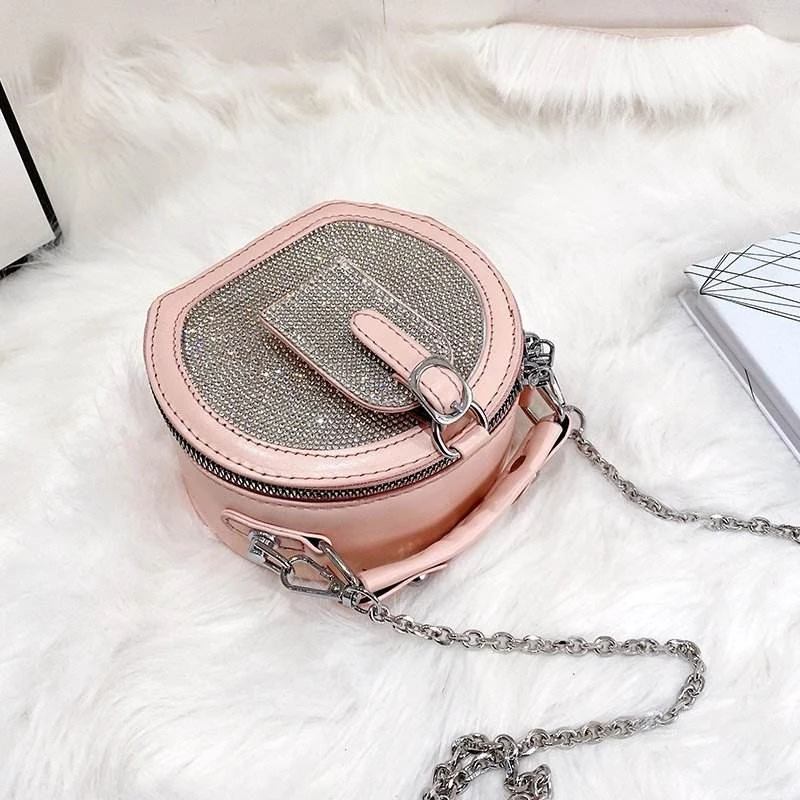 Round Studded PU Mini Shoulder Bag with Detachable Chain Pink color SKU reference