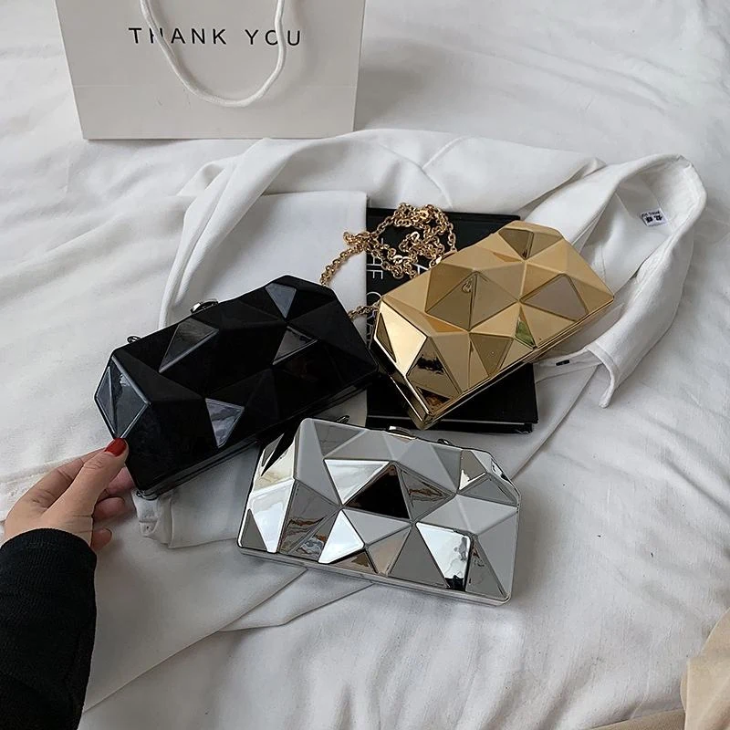 Metallic Polygon Mini Clutch with Detachable Chain product reference image