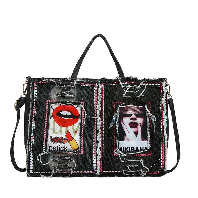 Printed Denim Tote with Crossbody Strap Black color SKU reference