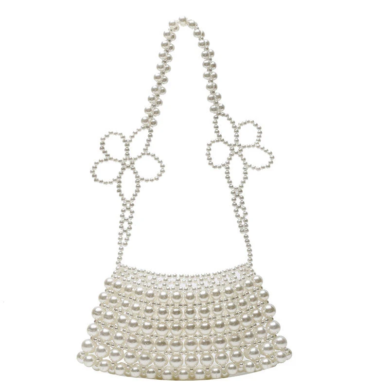 Pearl-Beaded Mini Evening Clutch with Floral Strap Detail White color SKU reference