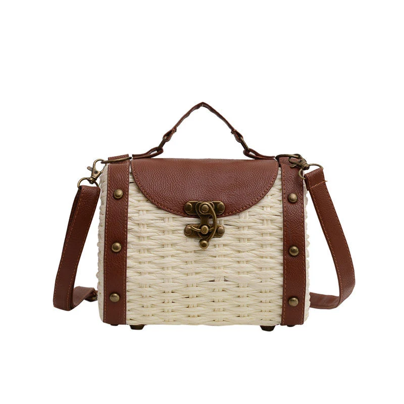 Woven Mini Crossbody Bag with PU Trim White color SKU reference