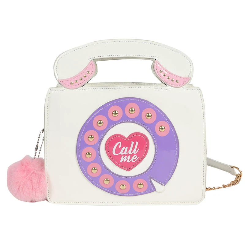 Telephone-Shape PU Crossbody Bag with Removable Strap White color SKU reference