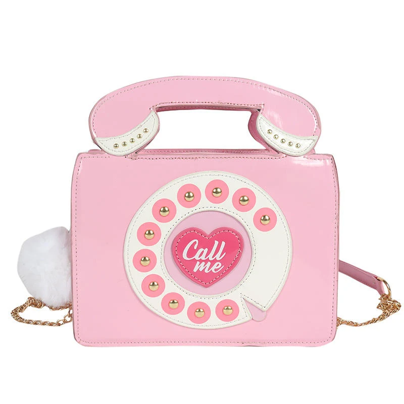 Telephone-Shape PU Crossbody Bag with Removable Strap Pink color SKU reference