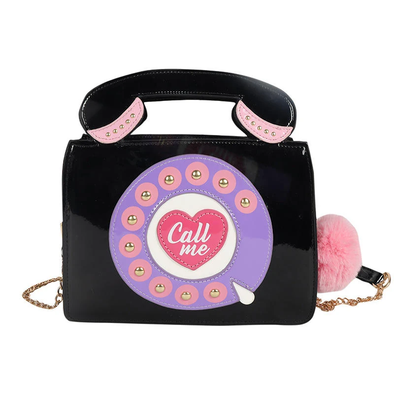 Telephone-Shape PU Crossbody Bag with Removable Strap Black color SKU reference