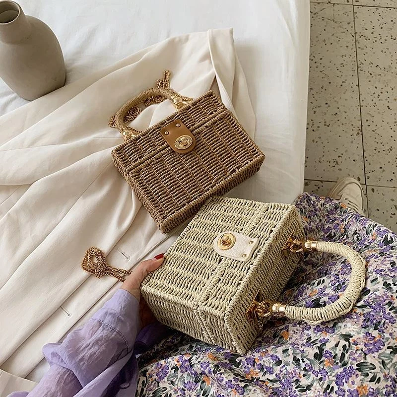 Woven Straw Box Crossbody Bag with Top Handle product reference image