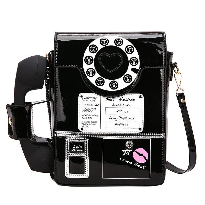 Telephone-Shaped Patent PU Crossbody Bag Black color SKU reference