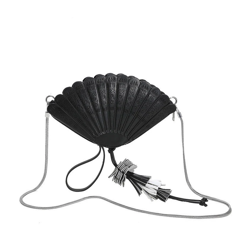 Fan-Shape PU Crossbody Bag with Removable Chain Strap Black color SKU reference