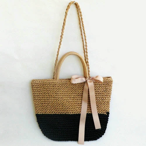 Handmade Bow-Detail Straw Woven Beach Tote Black + Brown color SKU reference