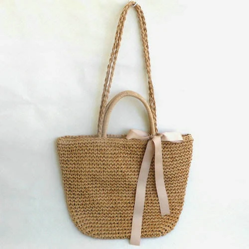 Handmade Bow-Detail Straw Woven Beach Tote Brown color SKU reference