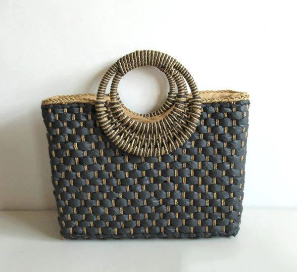 Color-Match Woven Straw Tote with Round Handles Black color SKU reference